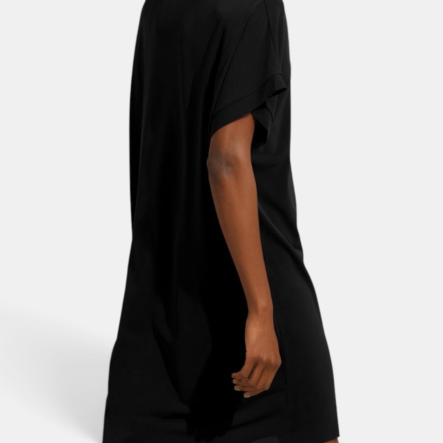 Shop Rescue Spa TALI black short tunic with V-neckline, short sleeves, and raw hem detail