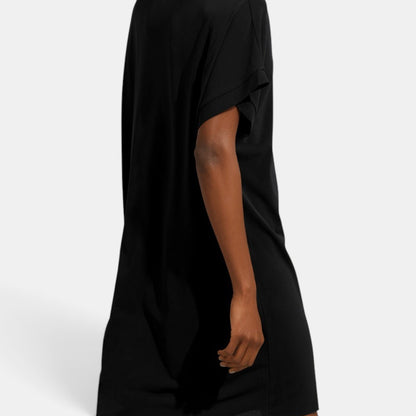 Shop Rescue Spa TALI black short tunic with V-neckline, short sleeves, and raw hem detail
