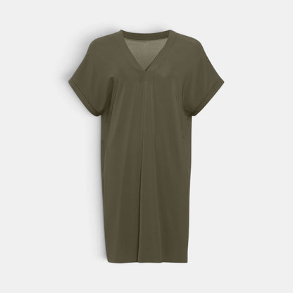 Shop Rescue Spa TALI olive green short tunic with a V-neckline, short sleeves, and a raw hem detail.