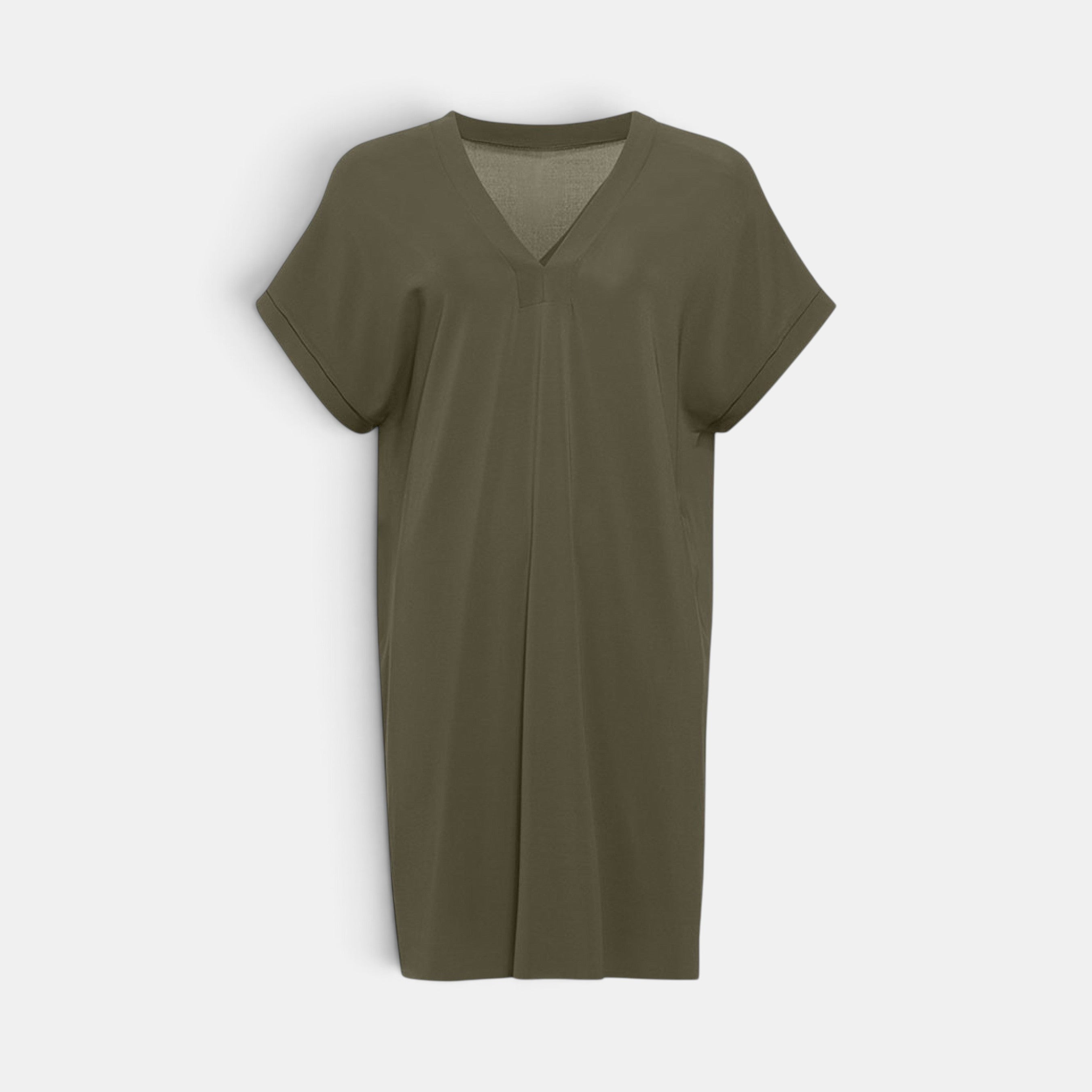 Shop Rescue Spa TALI olive green short tunic with a V neckline, short sleeves, and a raw hemline.