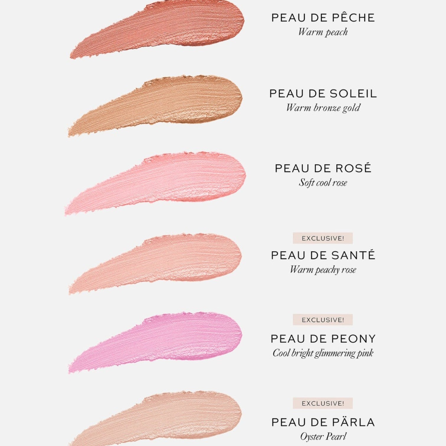 Shop Rescue Spa Super Loaded Tinted Highlight swatches in six luminous shades from warm peach to cool bright pink