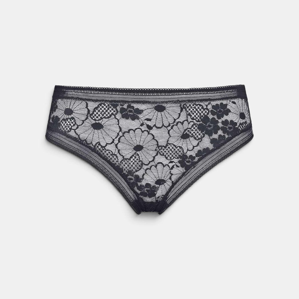 Shop Rescue Spa Tisane black lace tanga panty with floral pattern and elasticated waistband and thigh trim