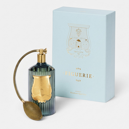 Shop Rescue Spa Trudon Figuerie room spray in a green ribbed glass bottle with a gold atomizer and light blue box.