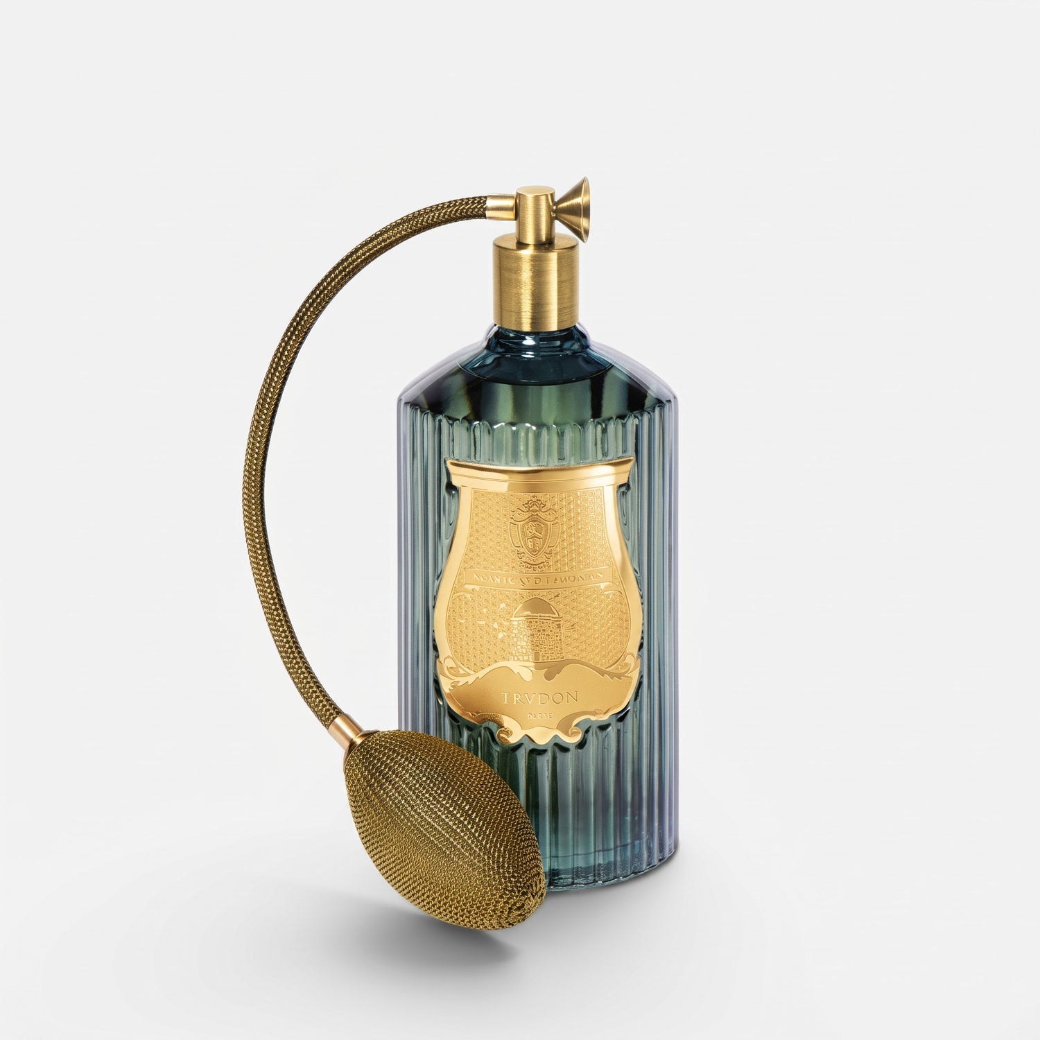 Shop Rescue Spa Trudon Figuerie room spray in a ribbed green glass bottle with a gold atomizer and bulb pump.