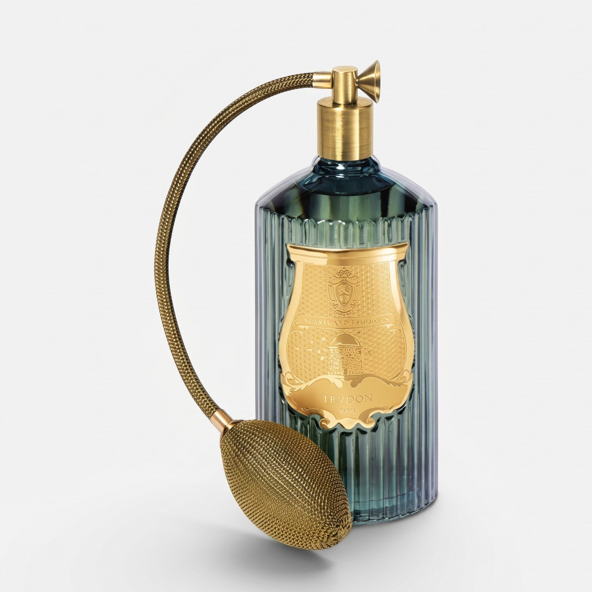 Shop Rescue Spa Trudon Figuerie room spray in a ribbed green glass bottle with a gold atomizer and bulb pump.