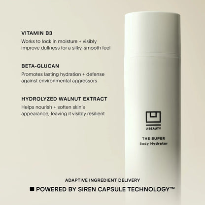 Shop Rescue Spa U Beauty The Super Body Hydrator bottle with ingredient benefits listed on a neutral background