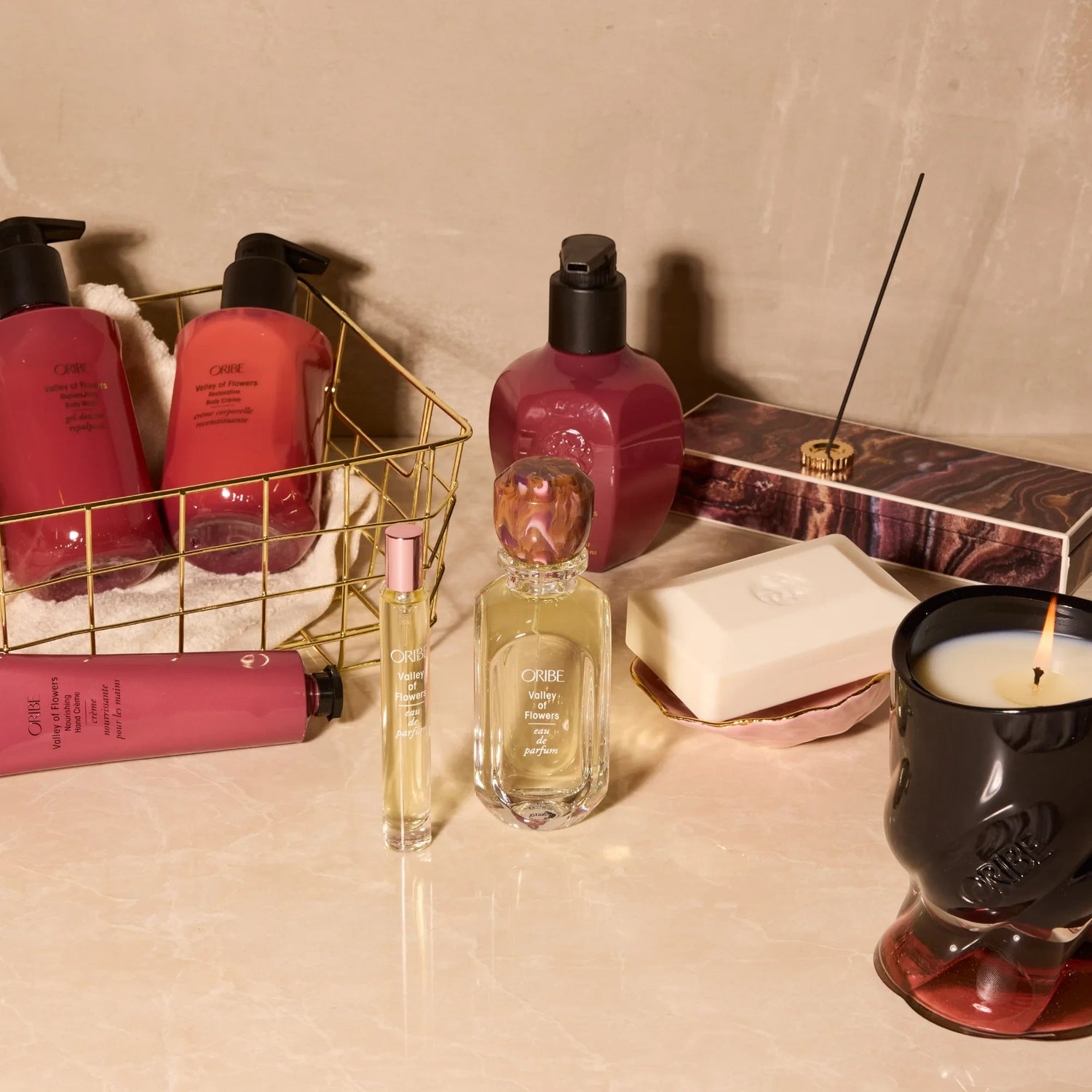 Shop Rescue Spa Valley of Flowers Eau de Parfum in a glass bottle with floral notes. Includes travel size spray, lotions, soap, and candle.