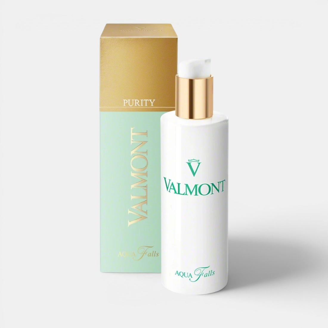 Shop Rescue Spa Valmont Aqua Falls makeup removal water in a 150ml white bottle with a gold pump and matching box.