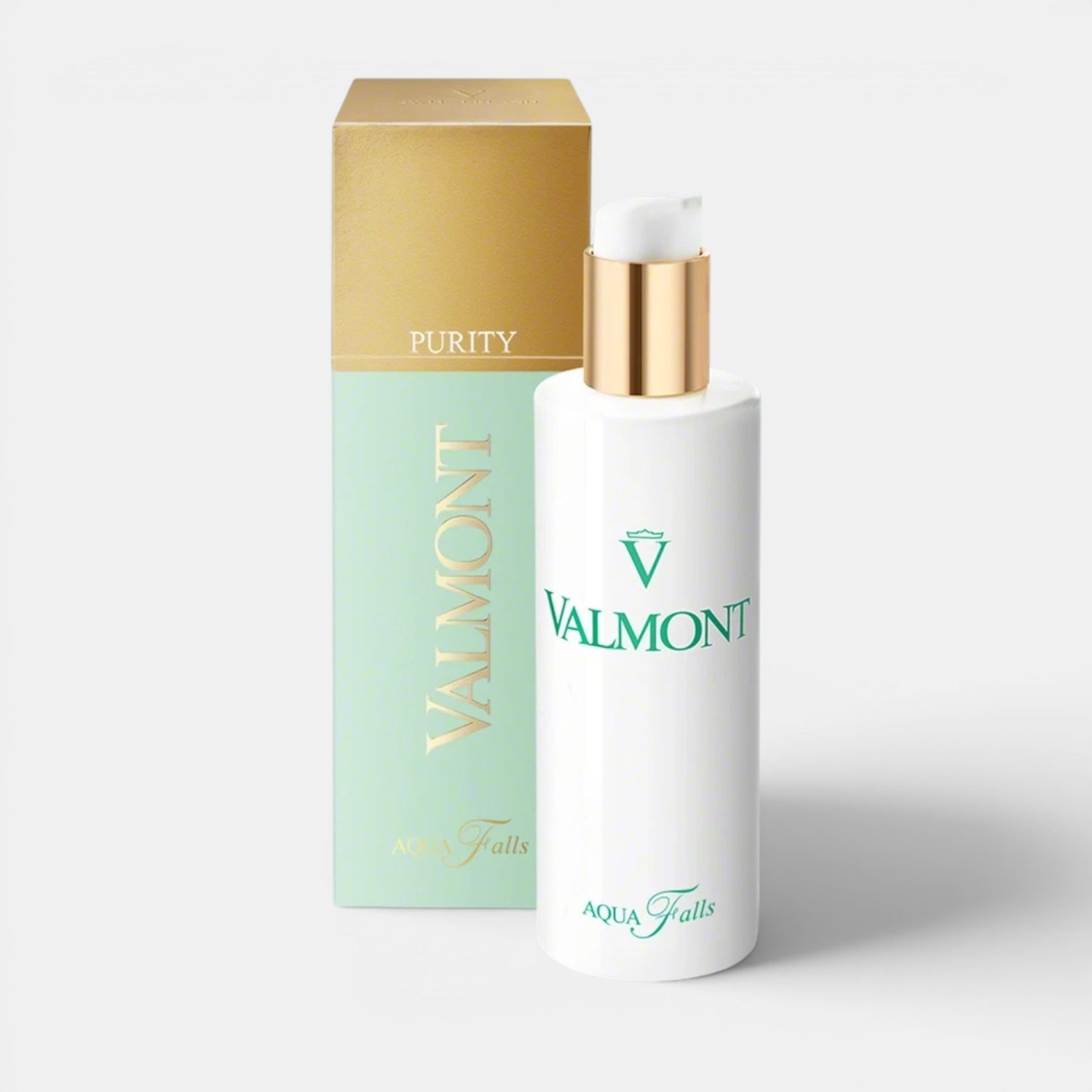 Shop Rescue Spa Valmont Aqua Falls makeup removal water in a 150ml white bottle with a gold pump and matching box.