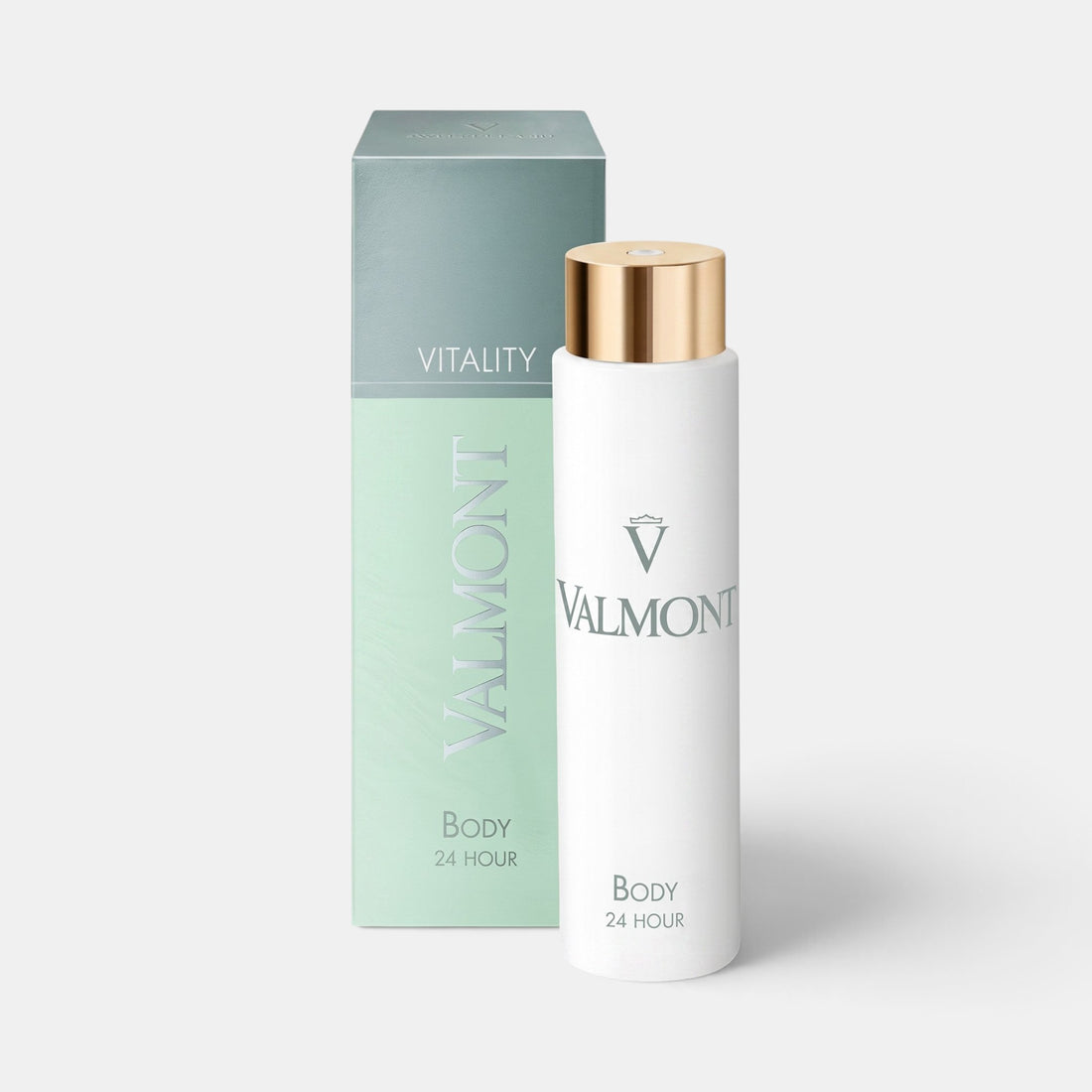 Shop Rescue Spa Valmont Body 24 Hour moisturizing cream in a white bottle with gold cap and matching green box.