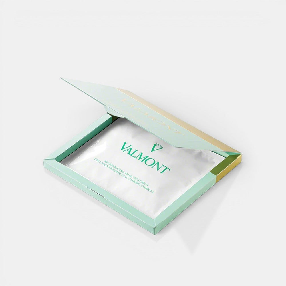 Shop Rescue Spa Valmont Regenerating Collagen Mask Treatment in a light green open box on a black background.