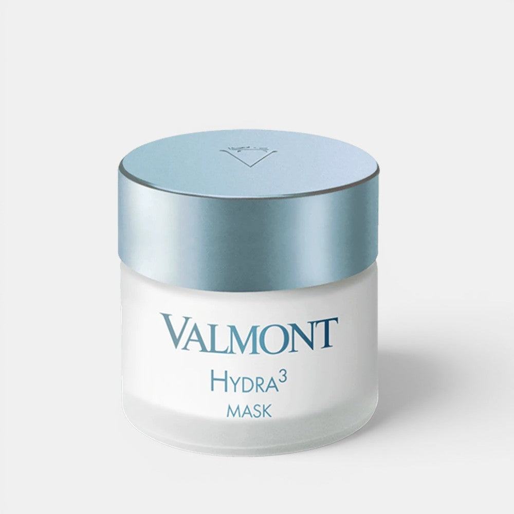Shop Rescue Spa Valmont Hydra3 Mask in a white frosted glass jar with a metallic blue lid for intense skin hydration.