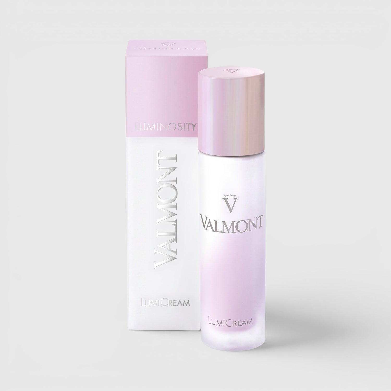 Shop Rescue Spa Valmont LumiCream glow enhancement face cream in a frosted pink bottle with matching product box.