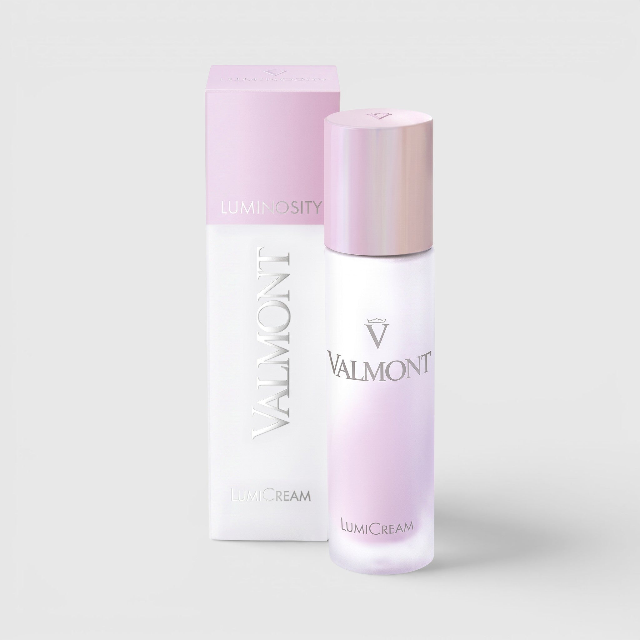 Shop Rescue Spa Valmont LumiCream glow enhancement face cream in a frosted pink bottle with matching product box.