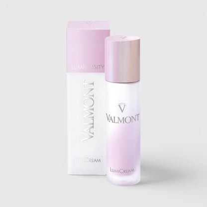 Shop Rescue Spa Valmont LumiCream glow enhancement face cream in a frosted pink bottle with matching product box.