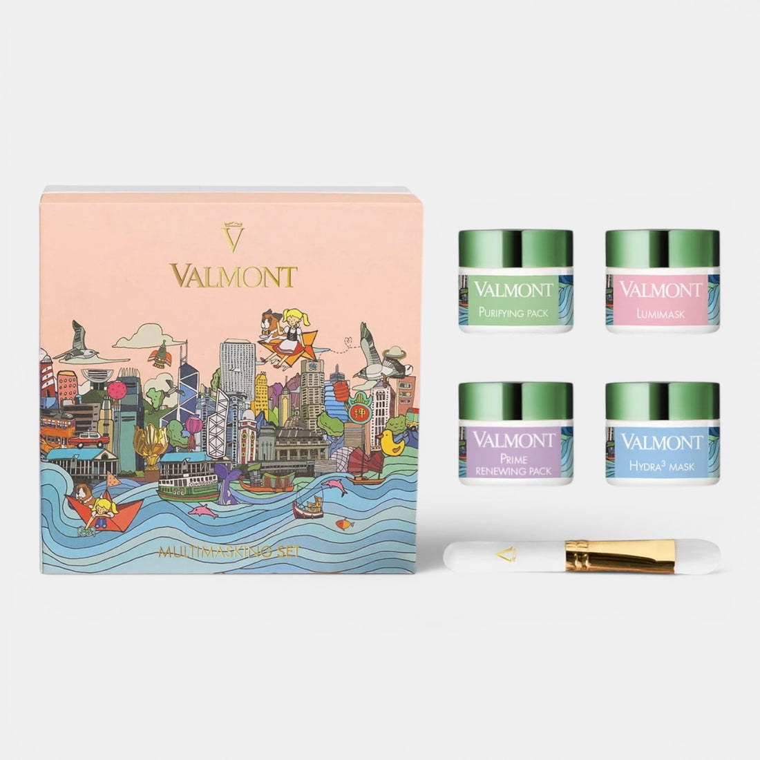 Shop Rescue Spa Valmont Multi-Masking Set with four treatment masks, application brush, and Vivian Ho art gift box.