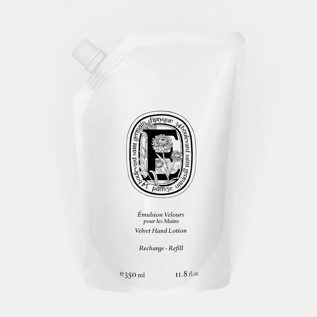 Shop Rescue Spa Velvet Hand Lotion 350ml refill pouch with white packaging and black diptyque branding