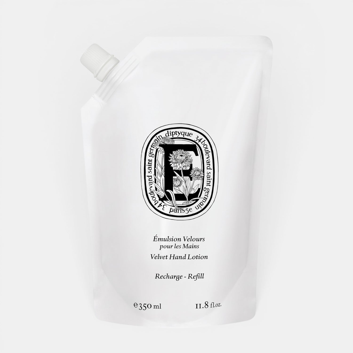 Shop Rescue Spa Velvet Hand Lotion 350ml refill pouch with white packaging and black diptyque branding