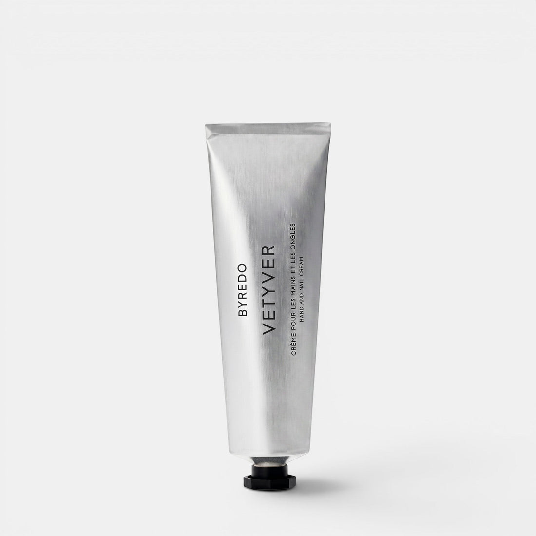Shop Rescue Spa Byredo Vetyver Hand &amp; Nail Cream in a minimalist silver 50ml tube with black text.