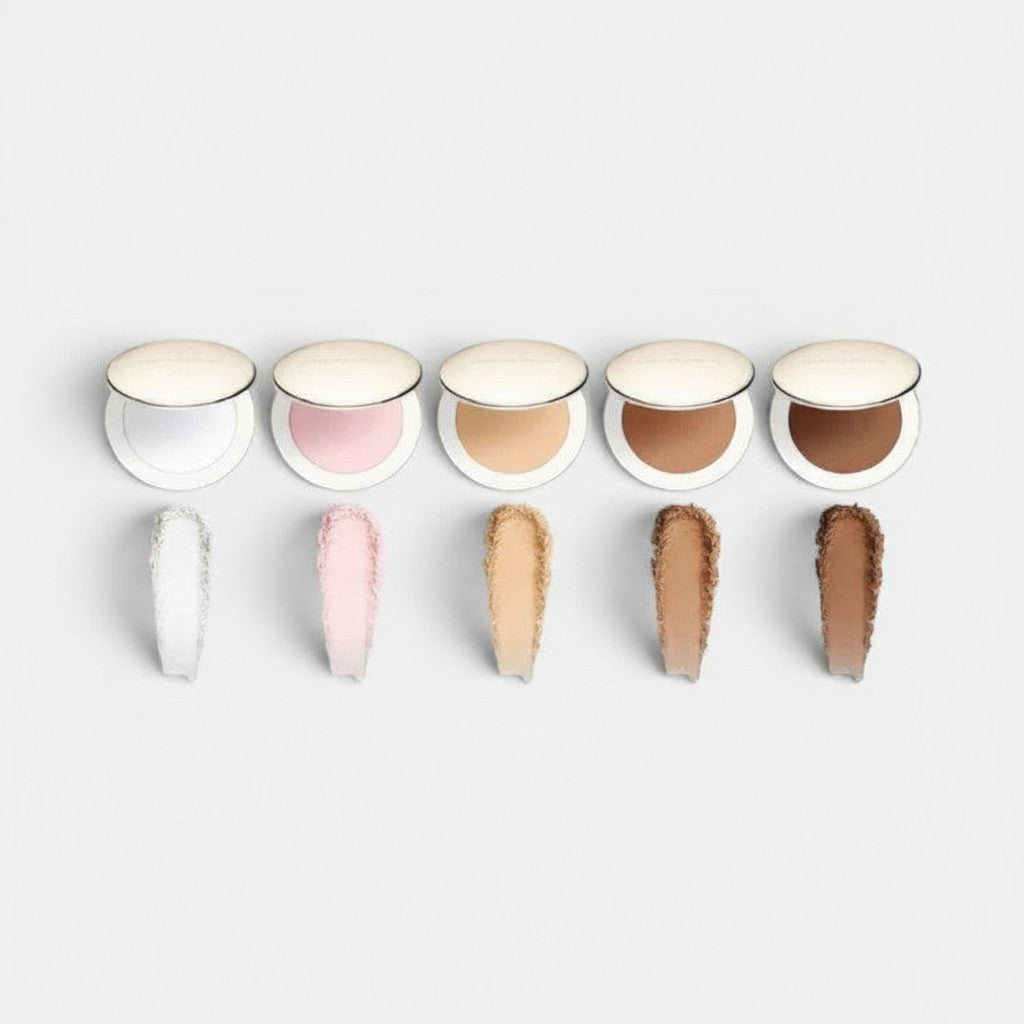 Shop Rescue Spa Vital Pressed Skincare powder collection in five shades with matching swatches on a white background.