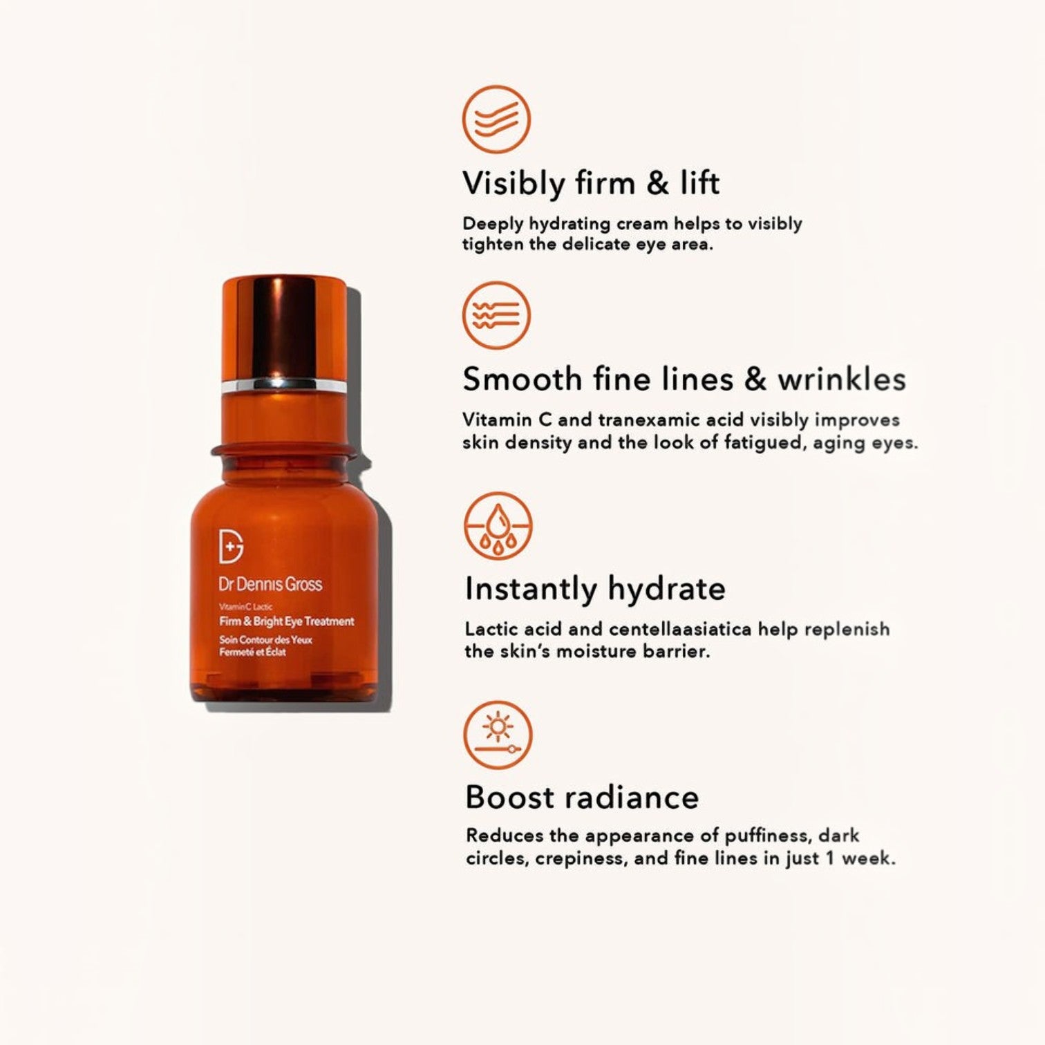 Shop Rescue Spa Dr Dennis Gross Vitamin C Lactic eye treatment bottle with product benefits listed on the right