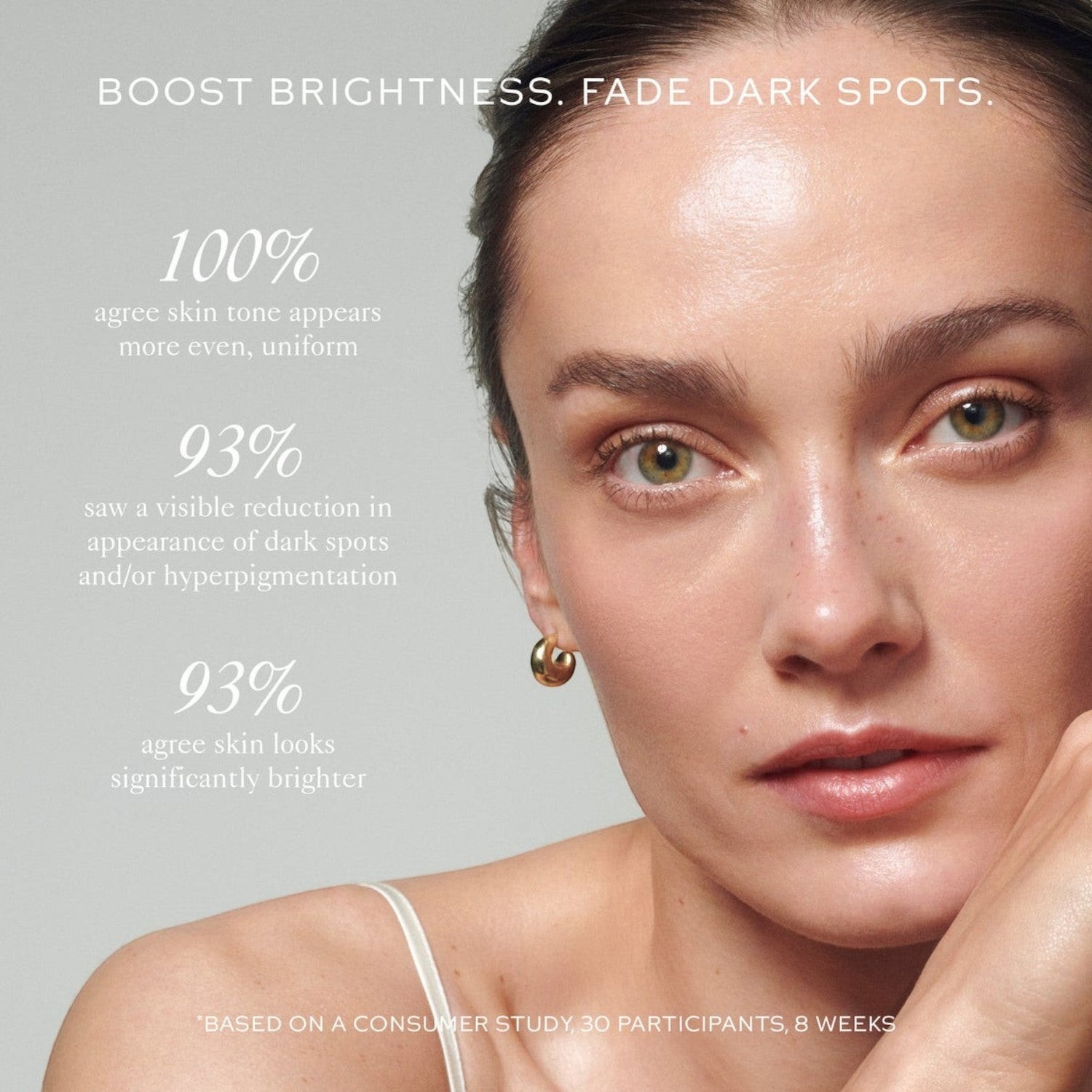 Shop Rescue Spa Supreme C Vitamin C serum model with glowing, bright skin and text overlay showing clinical results.
