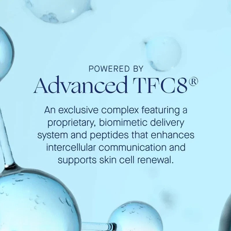 Shop Rescue Spa Vitamin C serum graphic featuring Advanced TFC8 technology text on a light blue background with bubbles