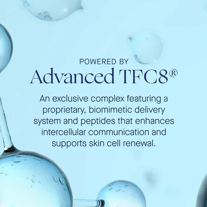 Shop Rescue Spa Vitamin C serum graphic featuring Advanced TFC8 technology text on a light blue background with bubbles