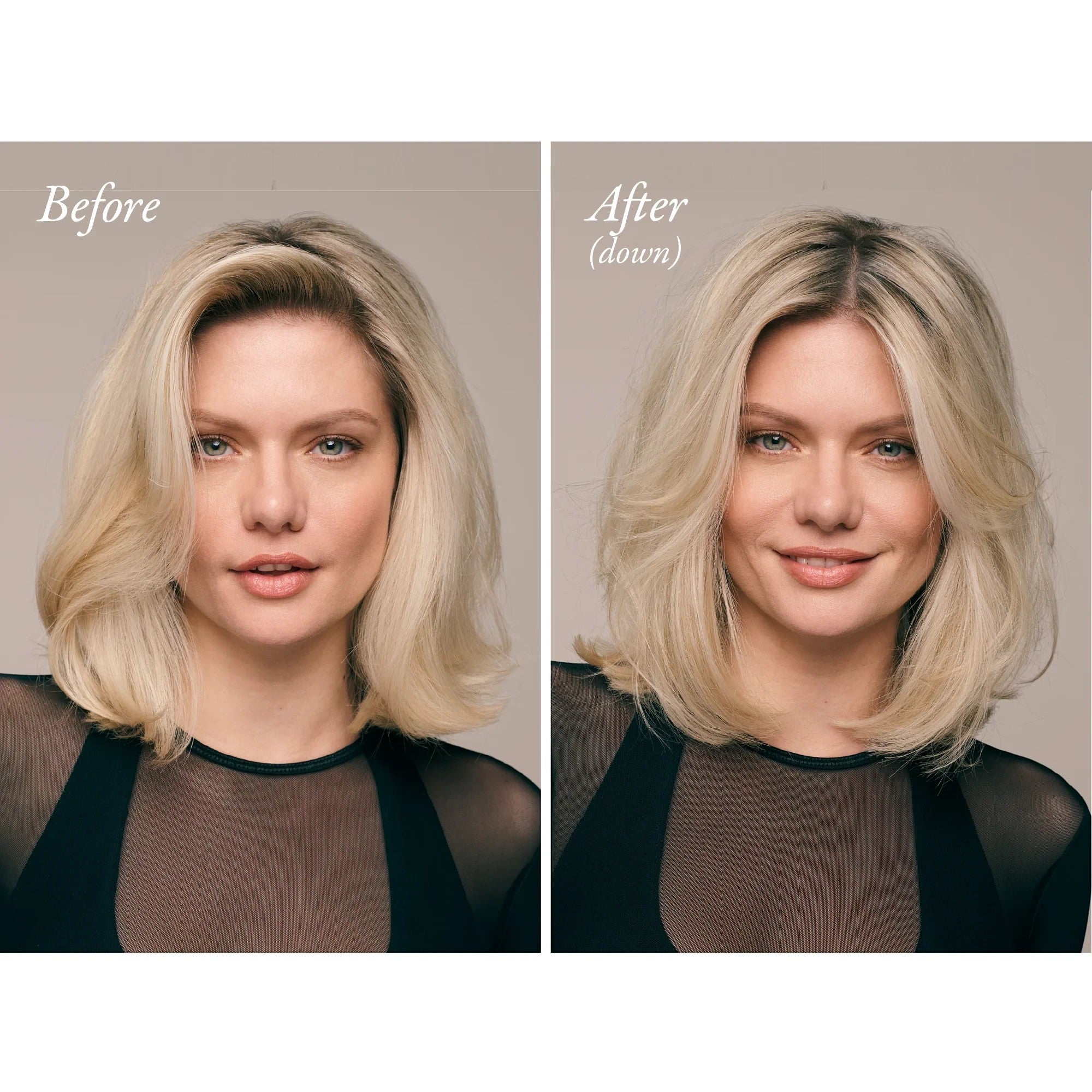 Shop Rescue Spa blonde model before and after using Swept Up Volume Powder Spray for amplified volume and lift.