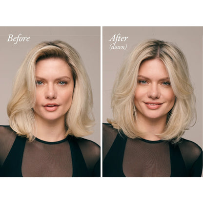 Shop Rescue Spa blonde model before and after using Swept Up Volume Powder Spray for amplified volume and lift.