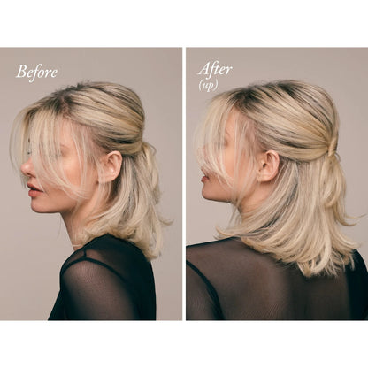 Shop Rescue Spa blonde model before and after using Swept Up Volume Powder Spray for amplified updos and dramatic volume.