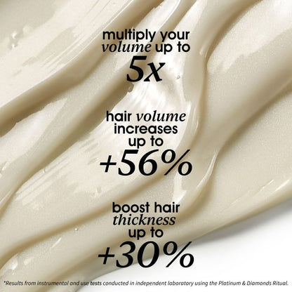 Shop Rescue Spa Volume Serum texture showing creamy off-white hair treatment with performance statistics overlay