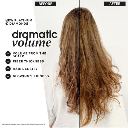 Shop Rescue Spa before and after comparison showing increased hair volume, thickness, and shine after using shampoo.