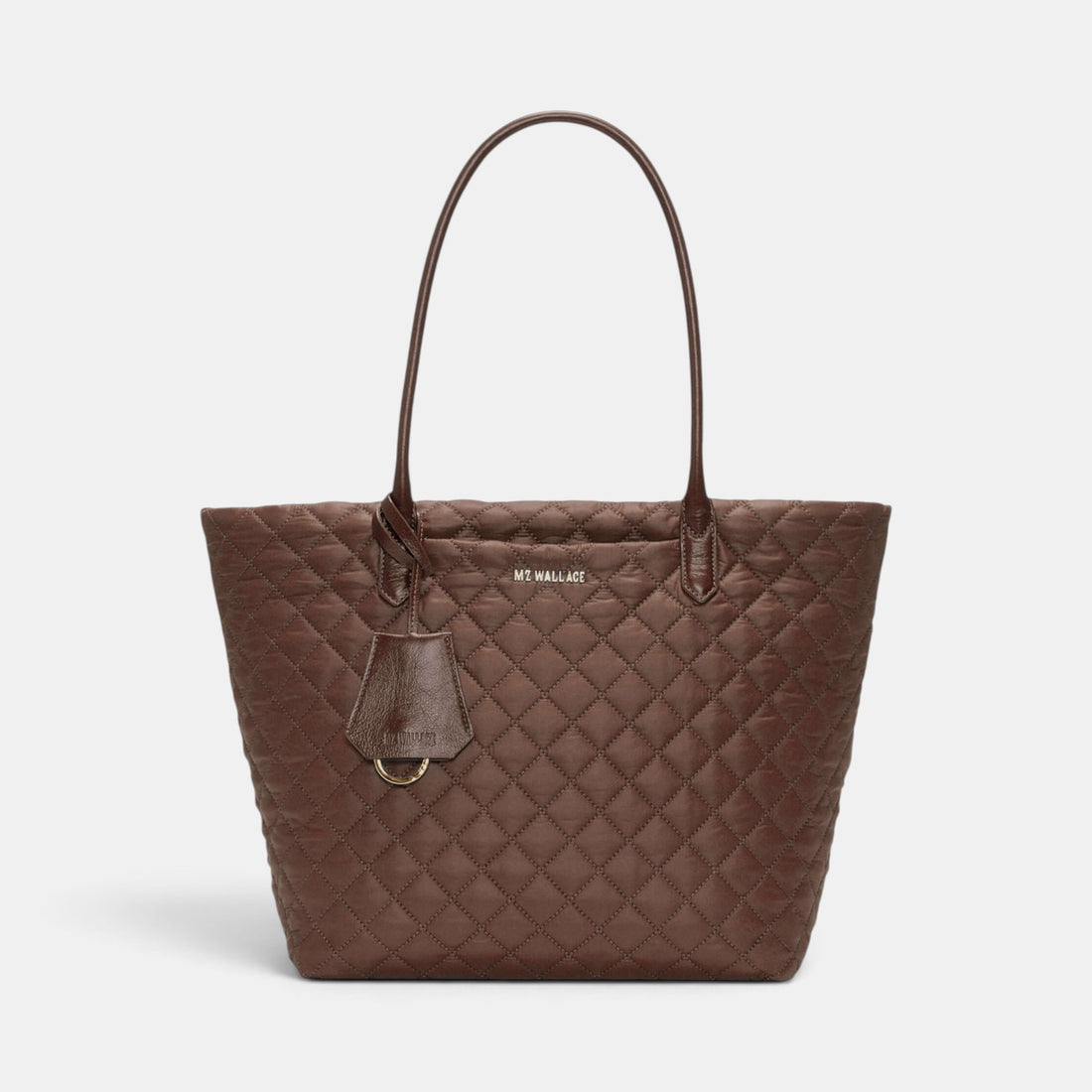 Shop Rescue Spa Walnut Medium Metro Daily Tote in quilted brown nylon with Italian leather handles and gold hardware.