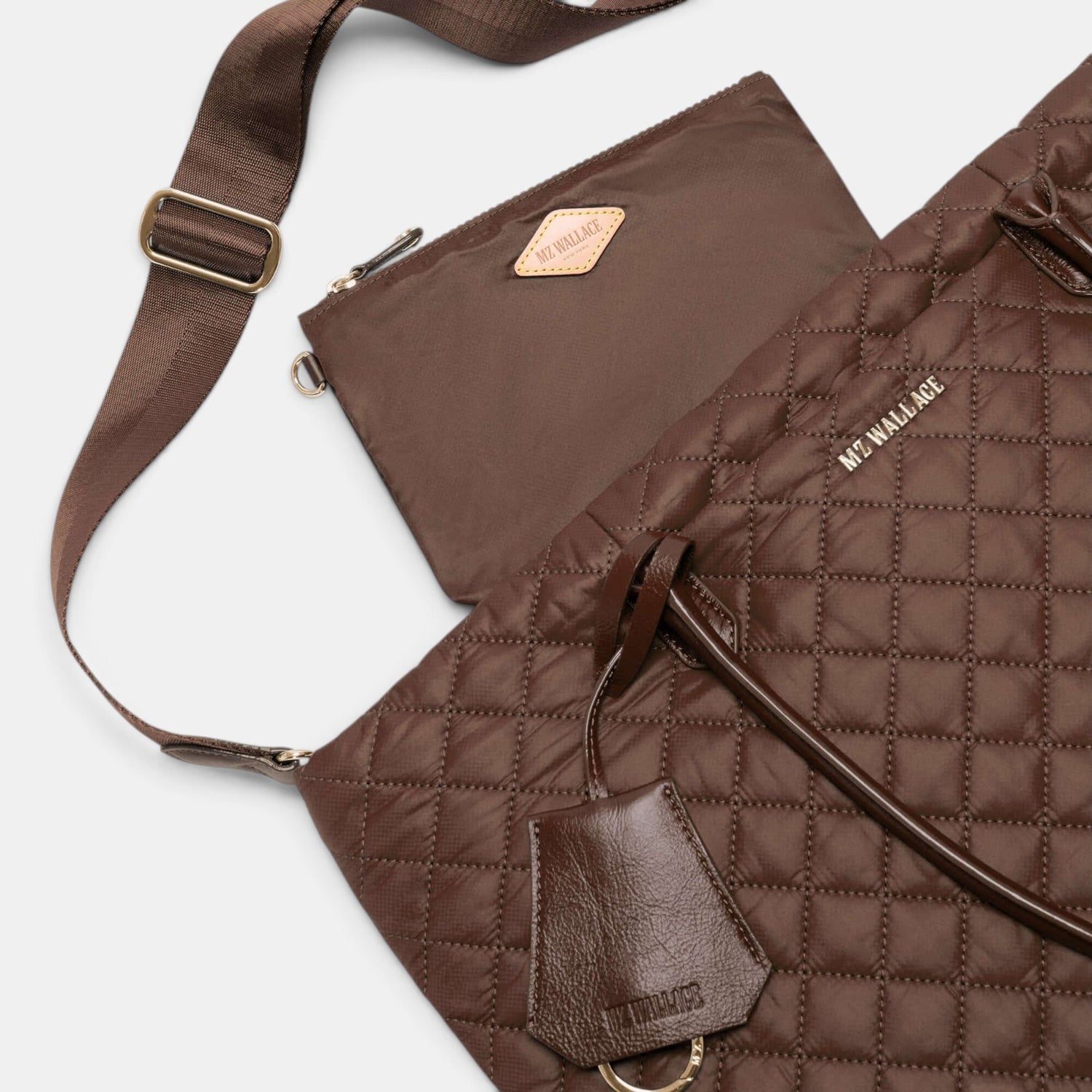 Shop Rescue Spa Walnut Medium Daily Tote in quilted brown nylon with Italian leather trim and matching mini pouch