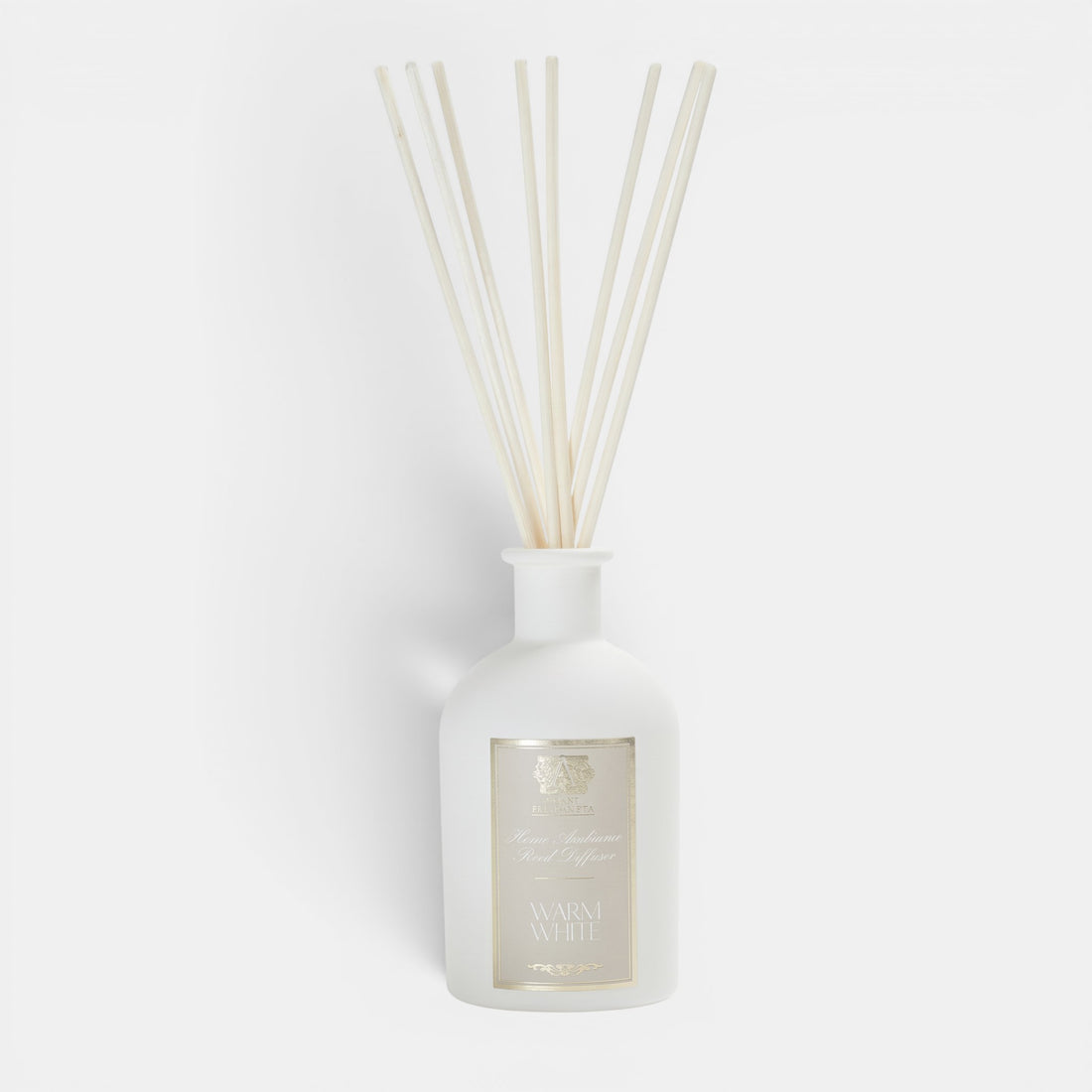 Shop Rescue Spa Antica Warm White reed diffuser in an elegant matte white apothecary bottle with natural reeds.