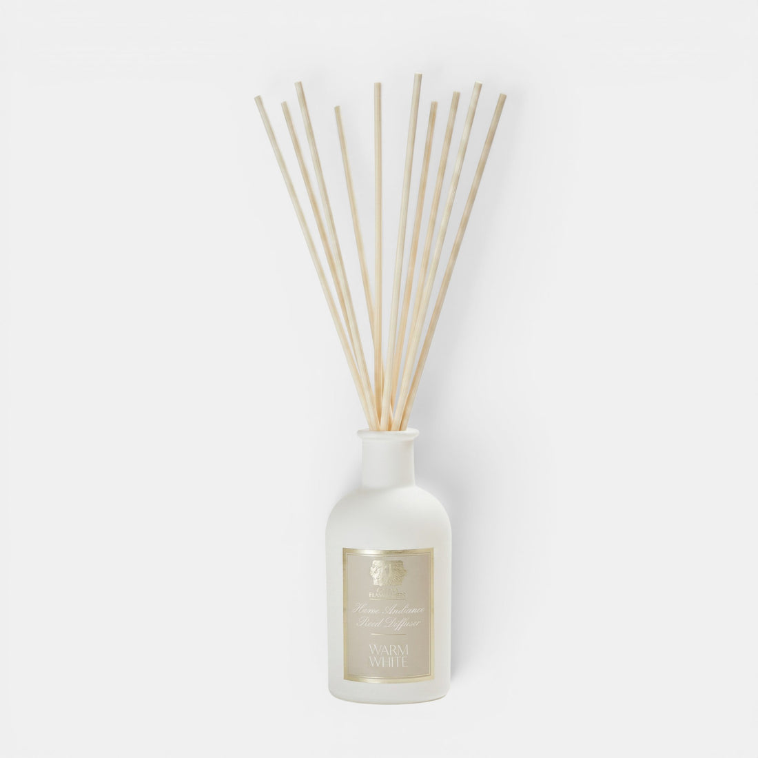 Shop Rescue Spa Warm White reed diffuser in a white apothecary-style glass bottle with natural wooden reeds.