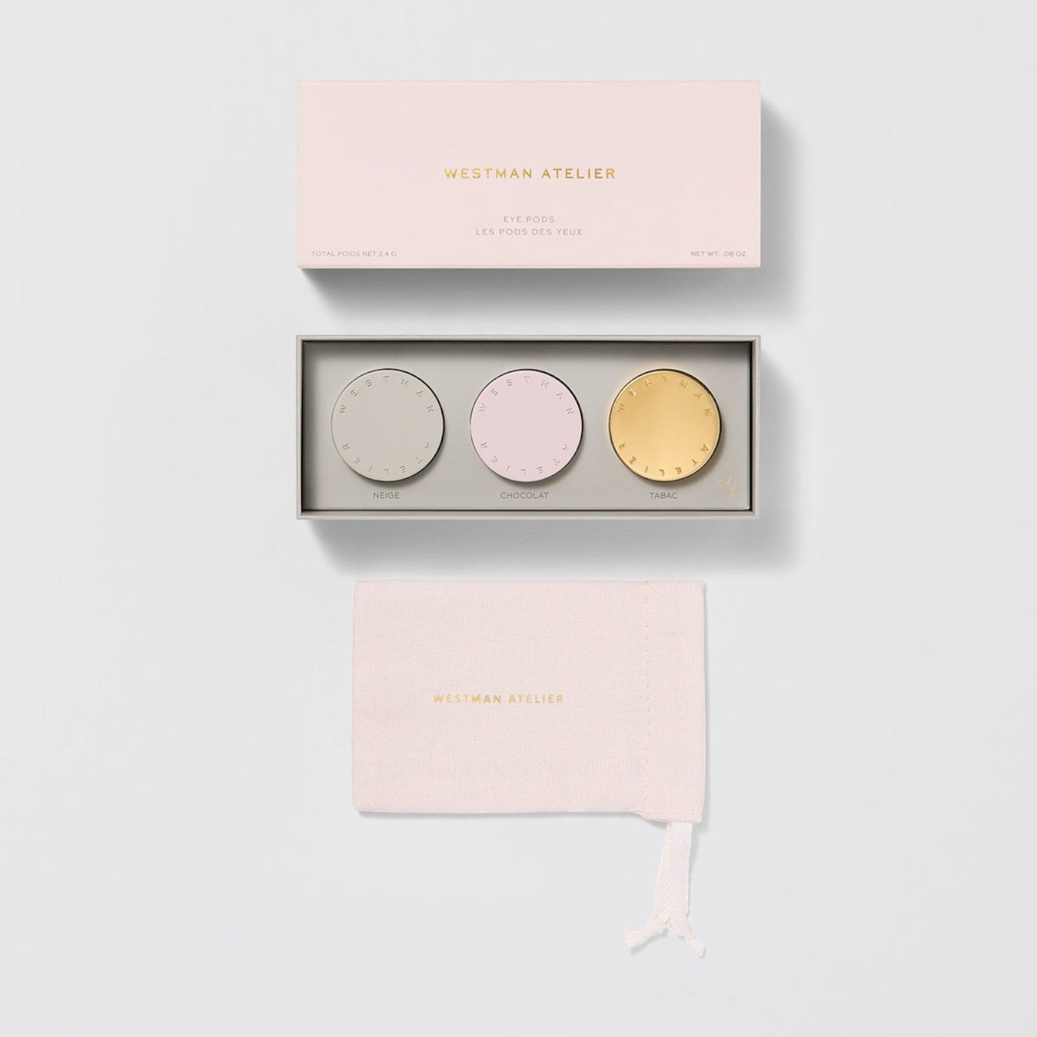 Shop Rescue Spa Westman Atelier Eye Pods Les Jours trio with magnetic cream-powder eyeshadow pods and pink pouch.