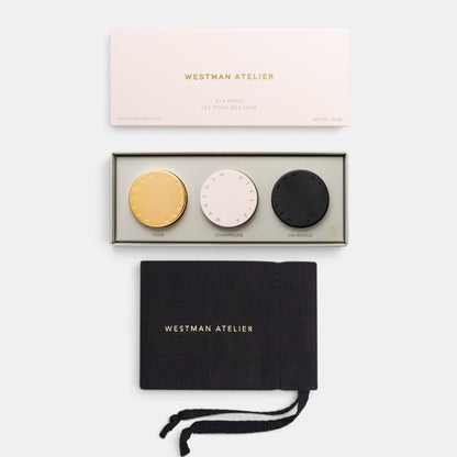 Shop Rescue Spa Westman Atelier Eye Pods Les Nuits trio in magnetic pods with a black drawstring pouch.