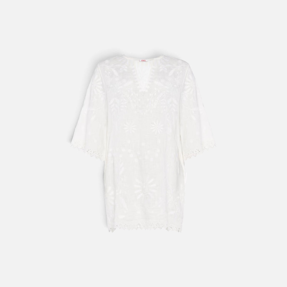 Shop Rescue Spa Aigue-Marine white embroidered linen short dress with V-neck and wide 3/4 sleeves