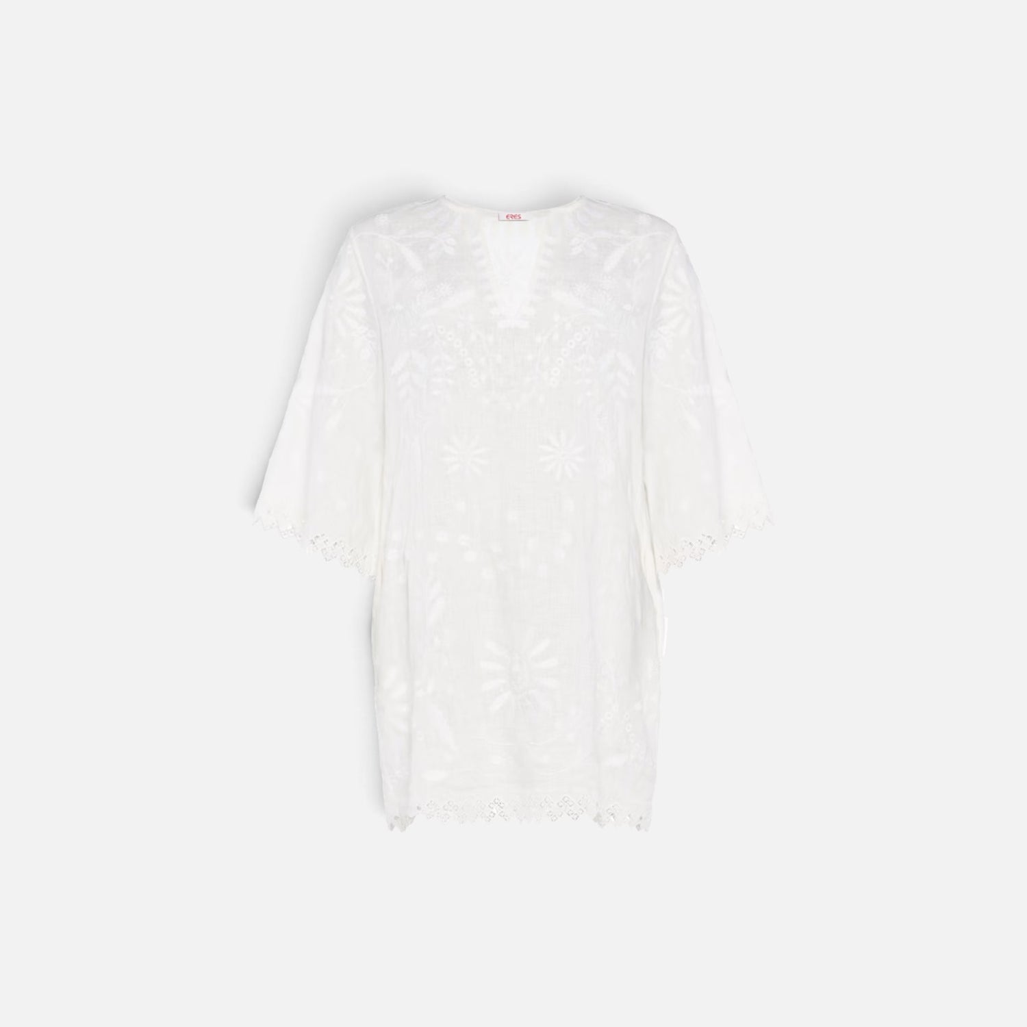 Shop Rescue Spa Aigue-Marine white embroidered linen short dress with V-neck and wide 3/4 sleeves