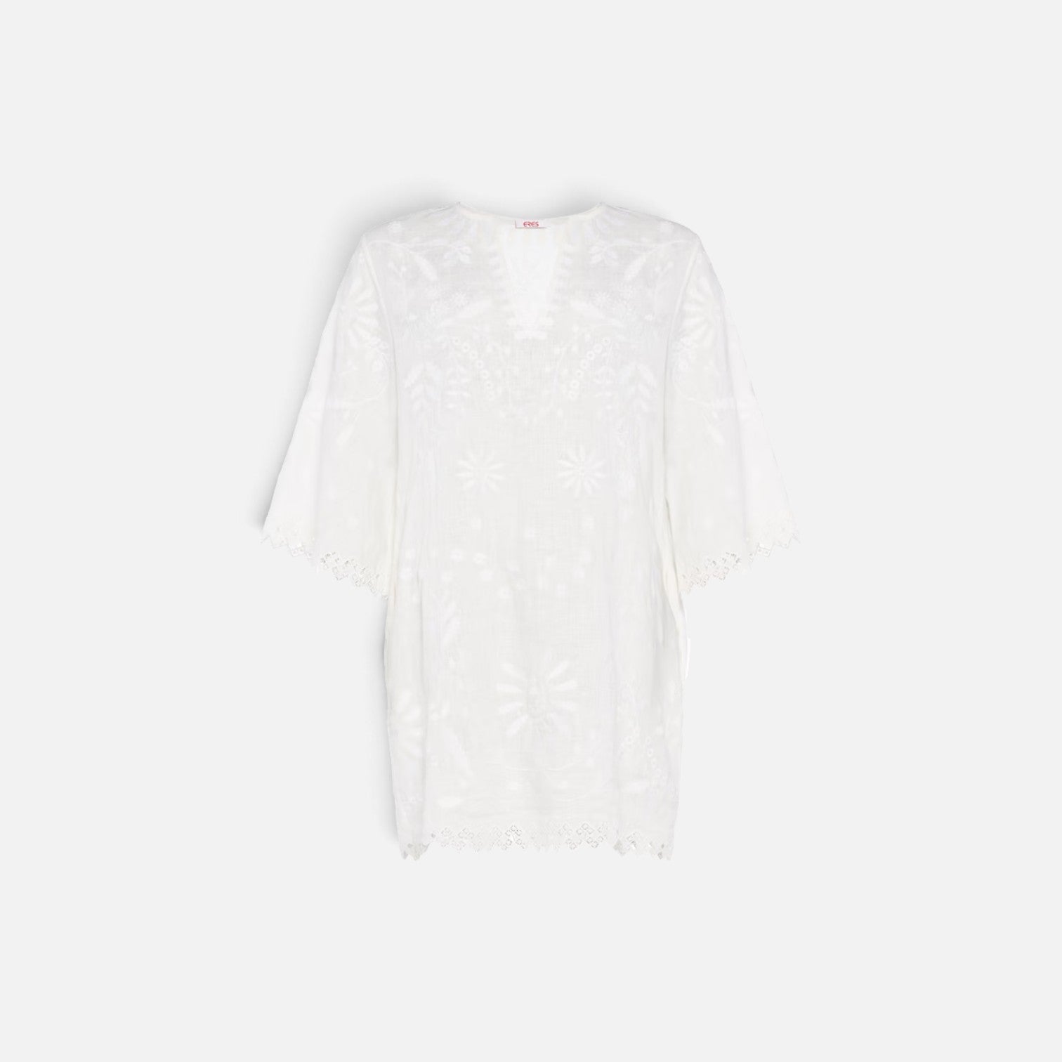 Shop Rescue Spa Aigue-Marine white embroidered linen short dress with V-neck and wide 3/4 sleeves