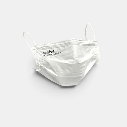 Shop Rescue Spa white Evolve 3-layer face mask with elastic ear loops and printed coordinates on a plain background