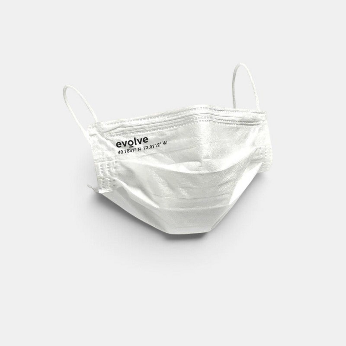Shop Rescue Spa white Evolve 3-layer face mask with elastic ear loops and printed coordinates on a plain background