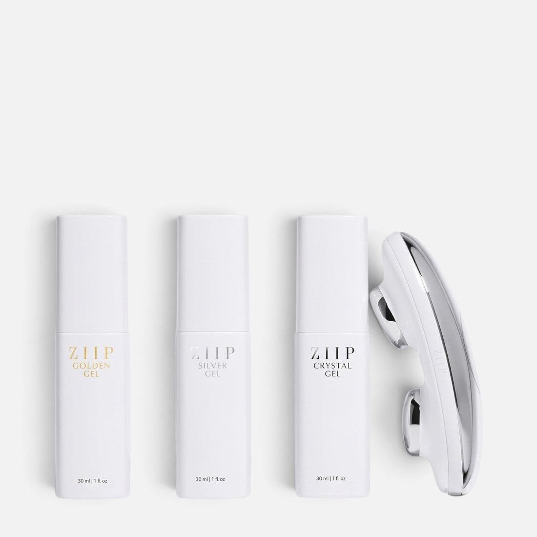 Shop Rescue Spa ZIIP Halo microcurrent device with Golden, Silver, and Crystal conductive gels in white bottles