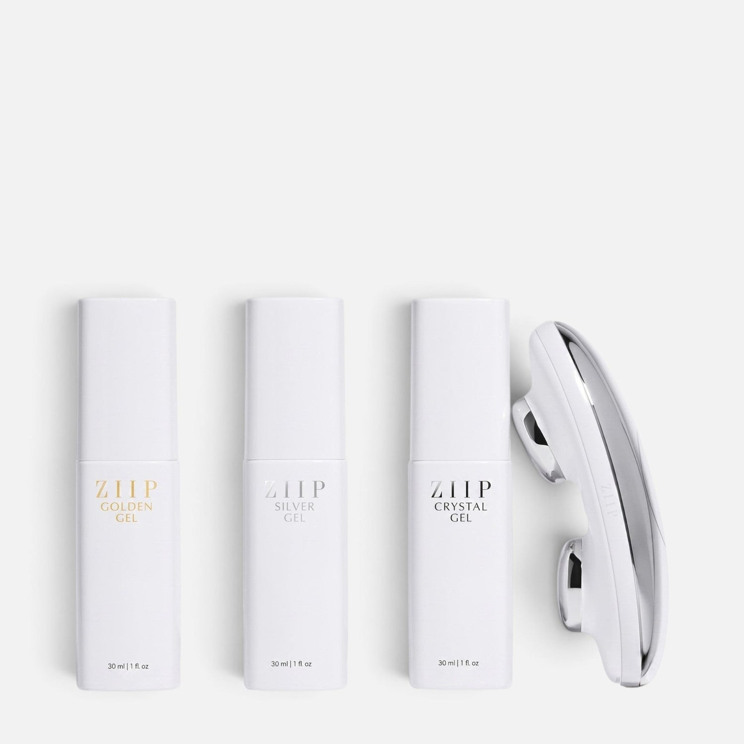 Shop Rescue Spa ZIIP Halo microcurrent device with Golden, Silver, and Crystal conductive gels in white bottles