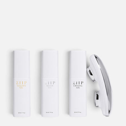 Shop Rescue Spa ZIIP Halo microcurrent device with Golden, Silver, and Crystal conductive gels in white bottles