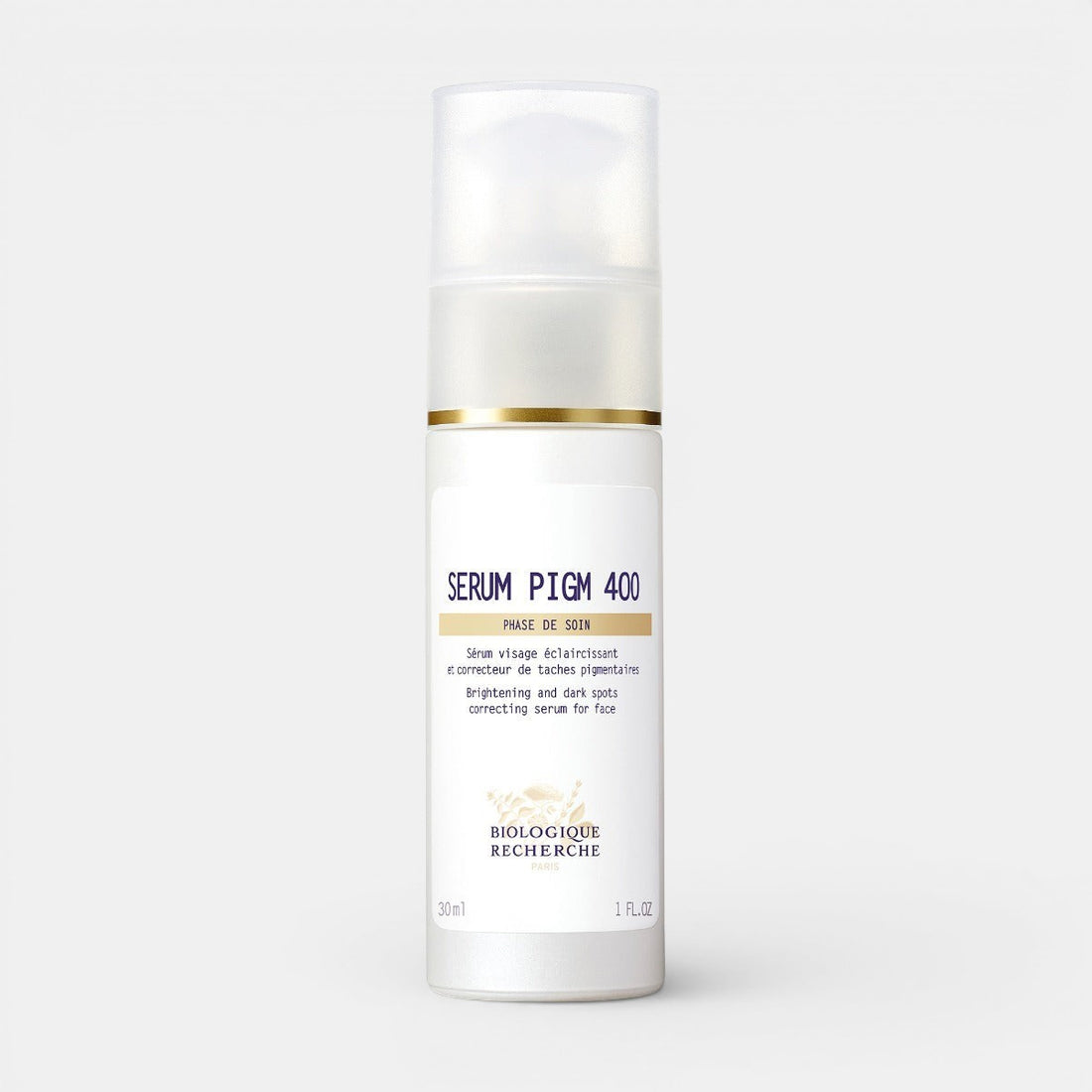 Biologique Recherche Serum PIGM 400 brightening and dark spots correcting serum for face in a white pump bottle.