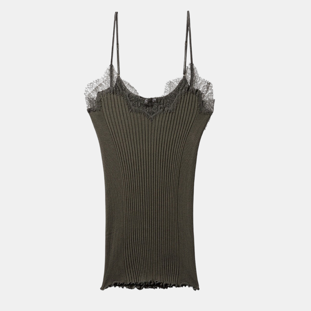 Shop Rescue Spa Richelieu dark shadow spaghetti top in ribbed Pima cotton with delicate lace trim detail.