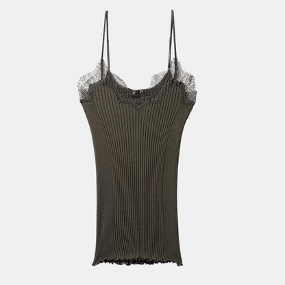 Shop Rescue Spa Richelieu dark shadow spaghetti top in ribbed Pima cotton with delicate lace trim detail.